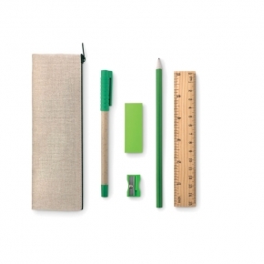 6 elementowy zestaw, piórnik, linijka, temperówka, gumka, ołówek i długopis