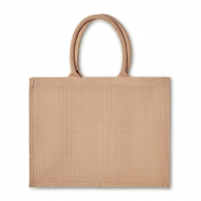 Jutowa laminowana torba na zakupy z krótkimi uchwytami, wykonanymi z bawełny.