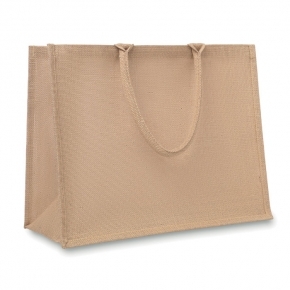 Jutowa laminowana torba na zakupy z krótkimi uchwytami, wykonanymi z bawełny.